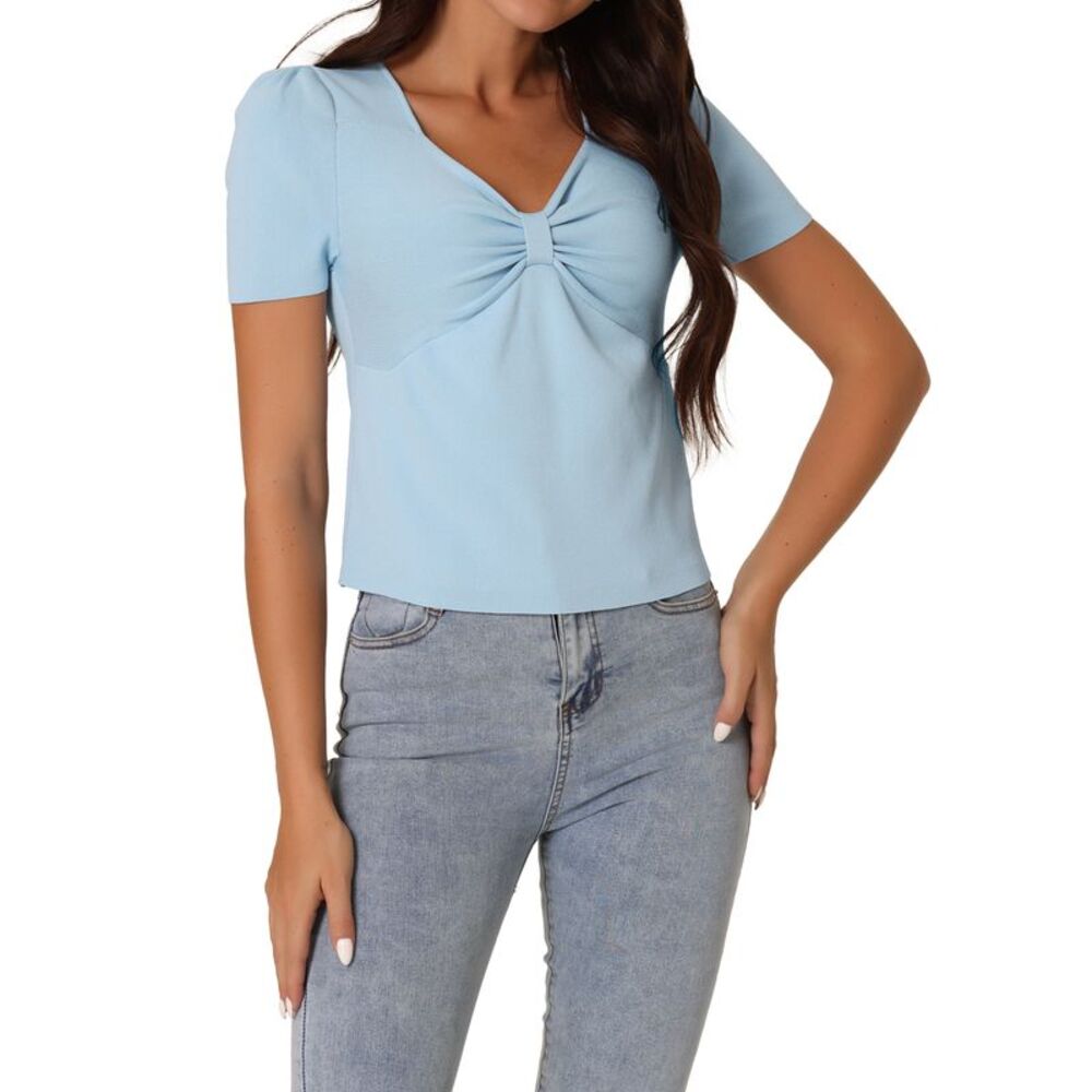 Casual Sweetheart Neck Short Sleeves Ribbed Knit Top T Shirts Blue
